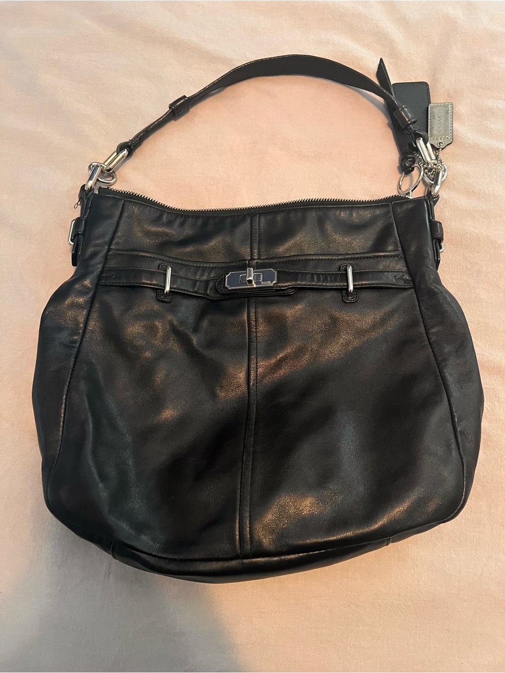 Vintage Coach Black Leather Hobo with Silver Hardware